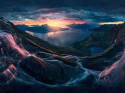 Lofoty, Skały, Zachód słońca, Góry, Norwegia, Wodospad